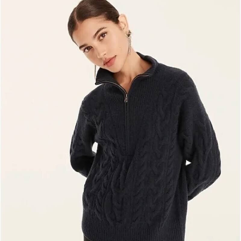 J. Crew Cable-Knit Half-Zip Sweater In Super Soft Yarn Navy Women Small NWT