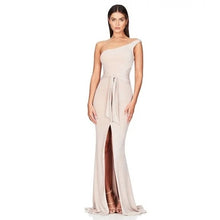 Load image into Gallery viewer, Nookie Gold Cream Shimmer One Shoulder Formal Maxi Dress Gown Women&#39;s Small
