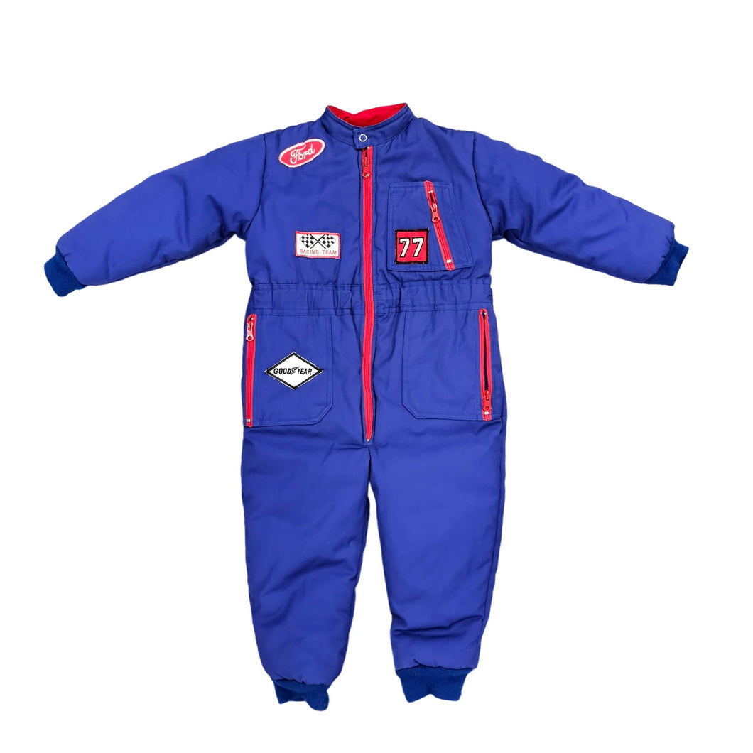 Vintage Kids Racing Puffer Jumpsuit Patches BMW Ford Good Year by Tootsie Roll Size 6