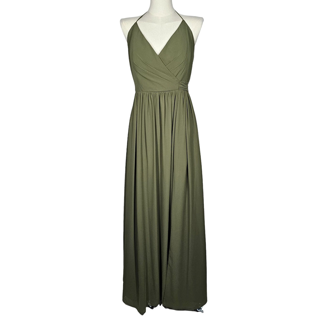 Revelry Olive Green Formal Bridesmaids Maxi Dress Halter Women's 8
