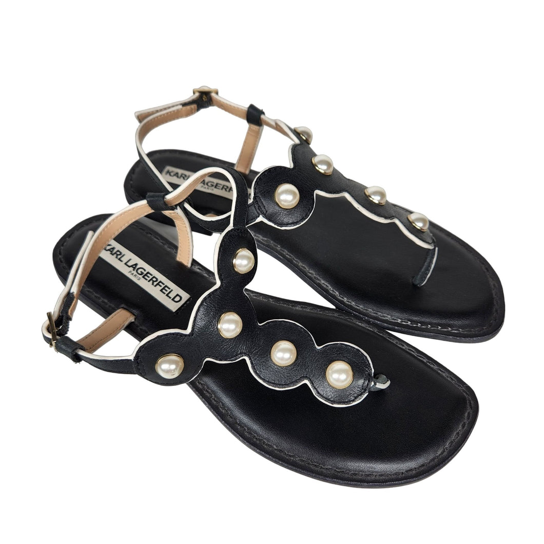 Karl Lagerfield Black Leather Pearl Embellished Sandals Women's US7, EU37.5