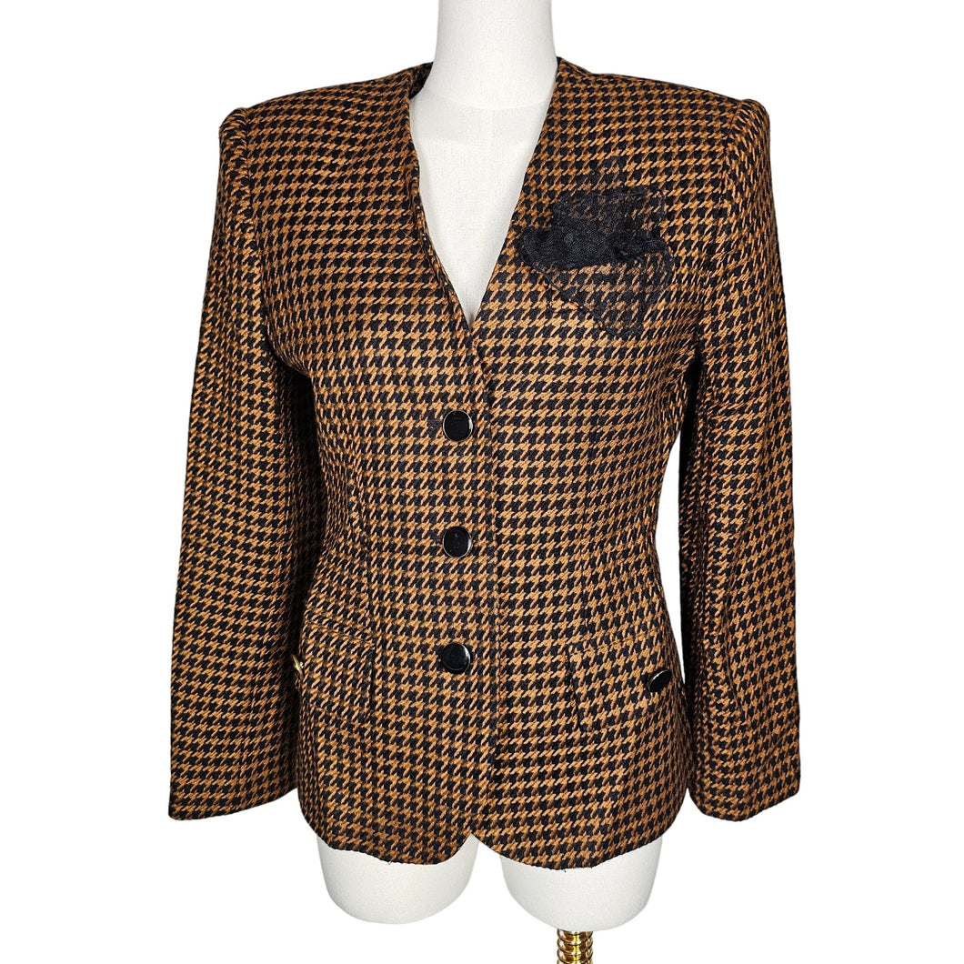 Vintage Stirling Copper Hounds Tooth 3 Button Blazer Jacket Brown Women Size XS