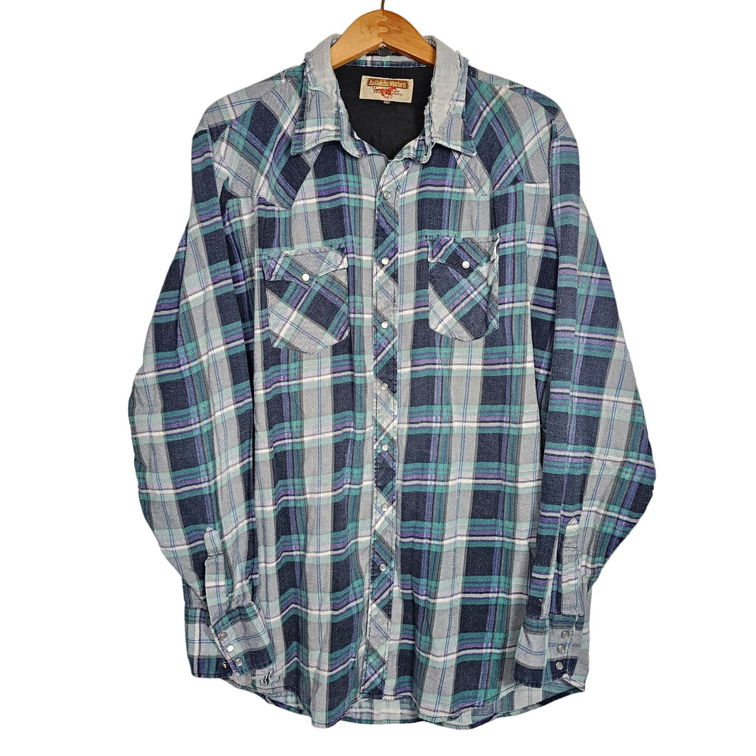 Vintage 'Authentic Western Youngbloods' Blue Plaid Western Shirt Cotton Distressed Button Snap