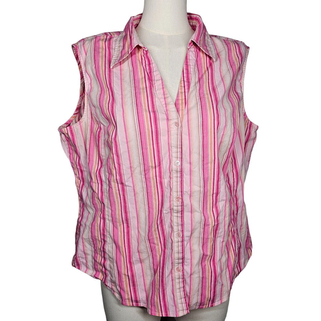 Y2k St. Johns Bay Sleeveless Button Down Shirt Stretch Pink Stripes Women's XL