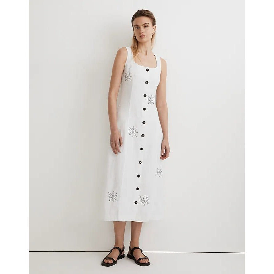 Madewell Button-Front Midi Dress in 100% Linen White Women Size 00 NWT