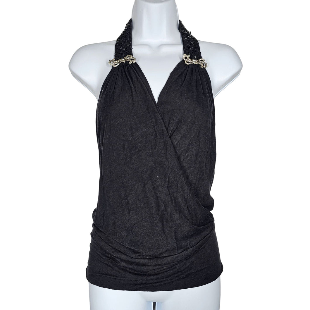 Robert Rodriguez Beaded Embellished Halter Top Black Stretch Knit Women's Small