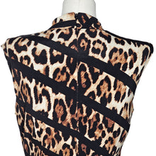 Load image into Gallery viewer, Cache Stripe Bodycon Dress Leopard Print Turtleneck Sleeveless Side Zip Women Small
