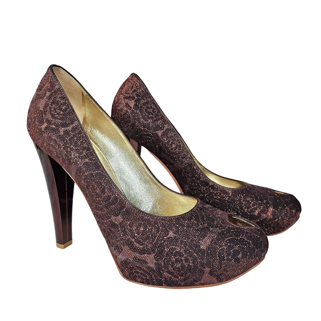 Casadei Platform Lace Gold Brown Heel Peep Toe Women's 10