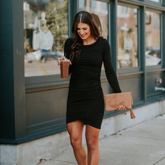 Leith Long Sleeve Jersey Knit Dress Black Knee Length Women's Medium