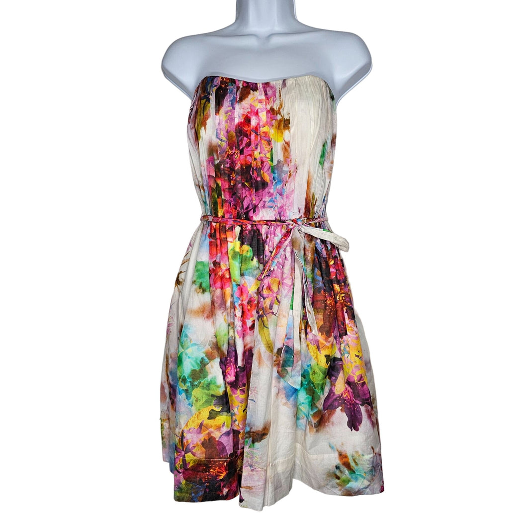 Pleated Strapless White Watercolor Floral Dress by SIngle Women's Small