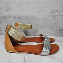 Load image into Gallery viewer, Yosi Samra Ankle Strap Flat Sandals Zip Back Silver Gold Women 6M
