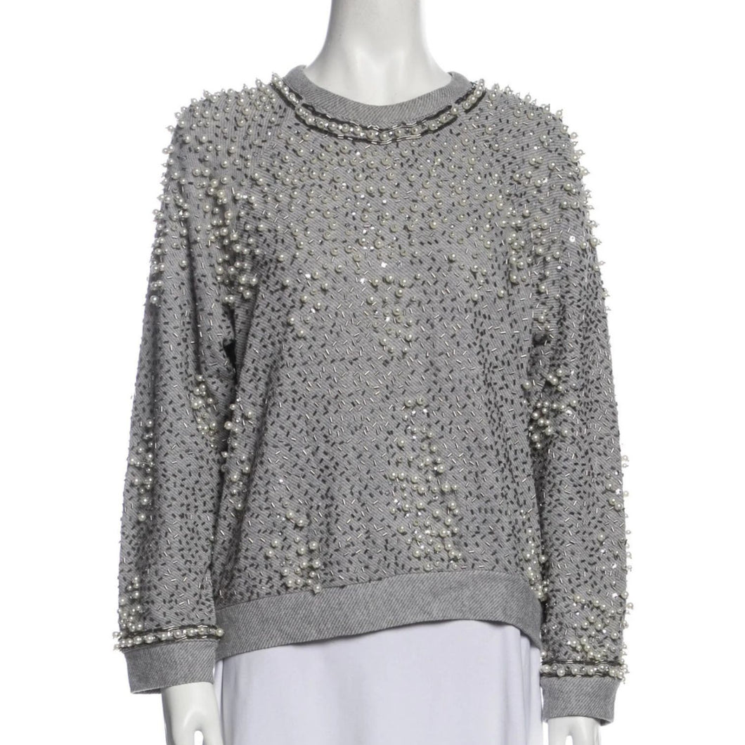 Sea New York Grey Pearled Beaded Embellished Crewneck Sweater Women's Small