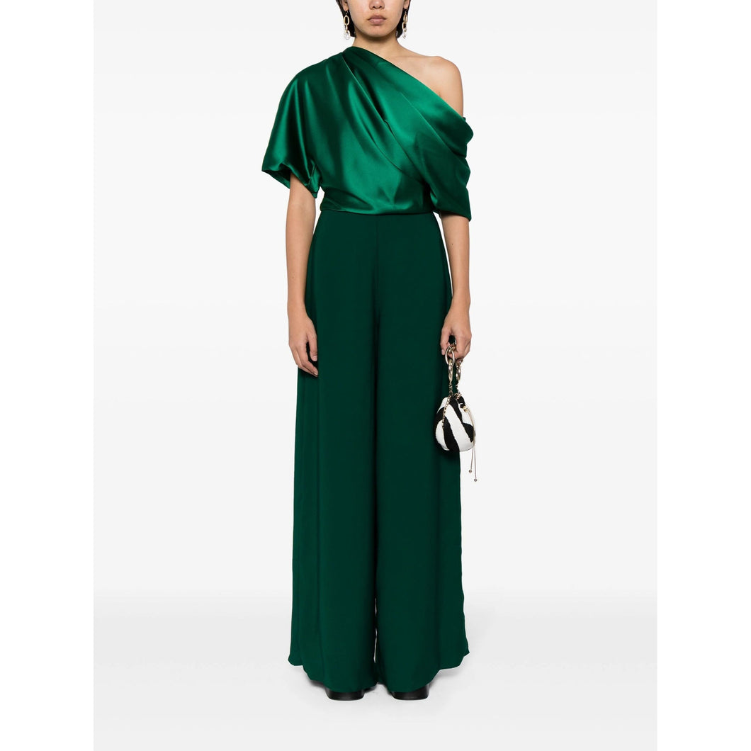 Amsale One-Shoulder Wide Leg Draped Satin Jumpsuit Emerald Green Women Size 2