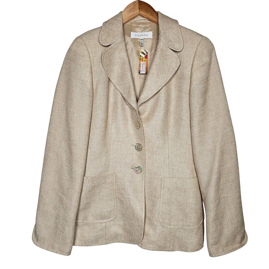 Escada Tweed Button Up Lined Blazer Jacket Pockets Cream Women Size 34