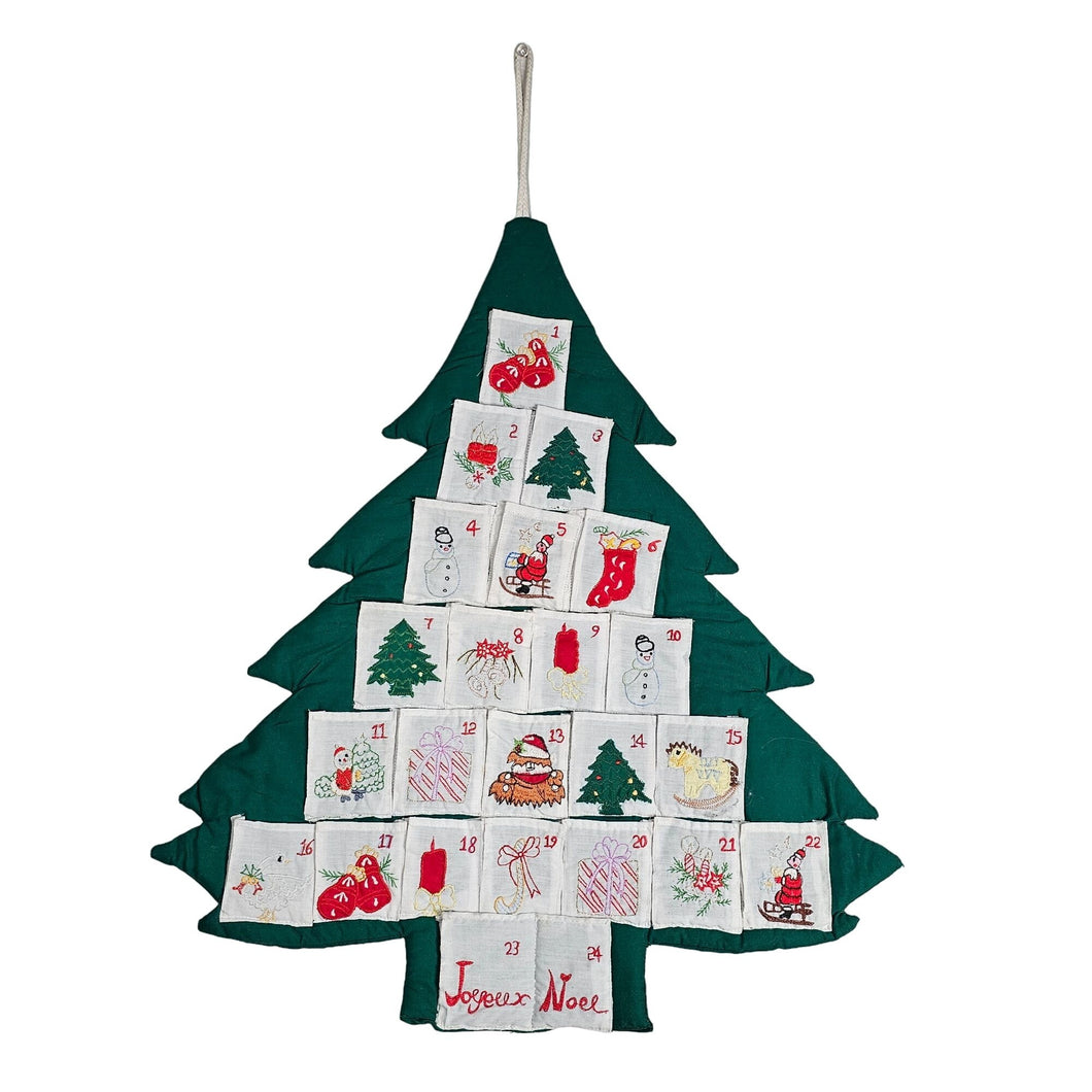 Vintage Embroidered Advent Calendar 24 Slots Christmas Tree Sewn Pockets Green