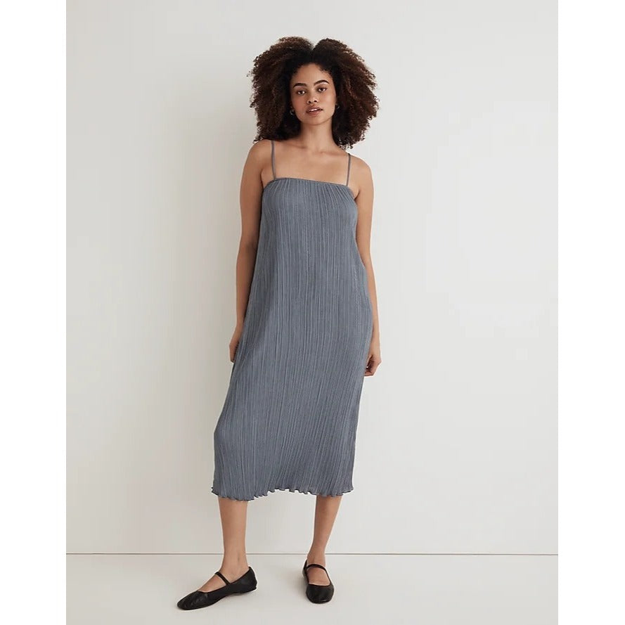 Madewell The Goldie Dress in Plissé Pleated Spaghetti Strap Blue Women's Size 6