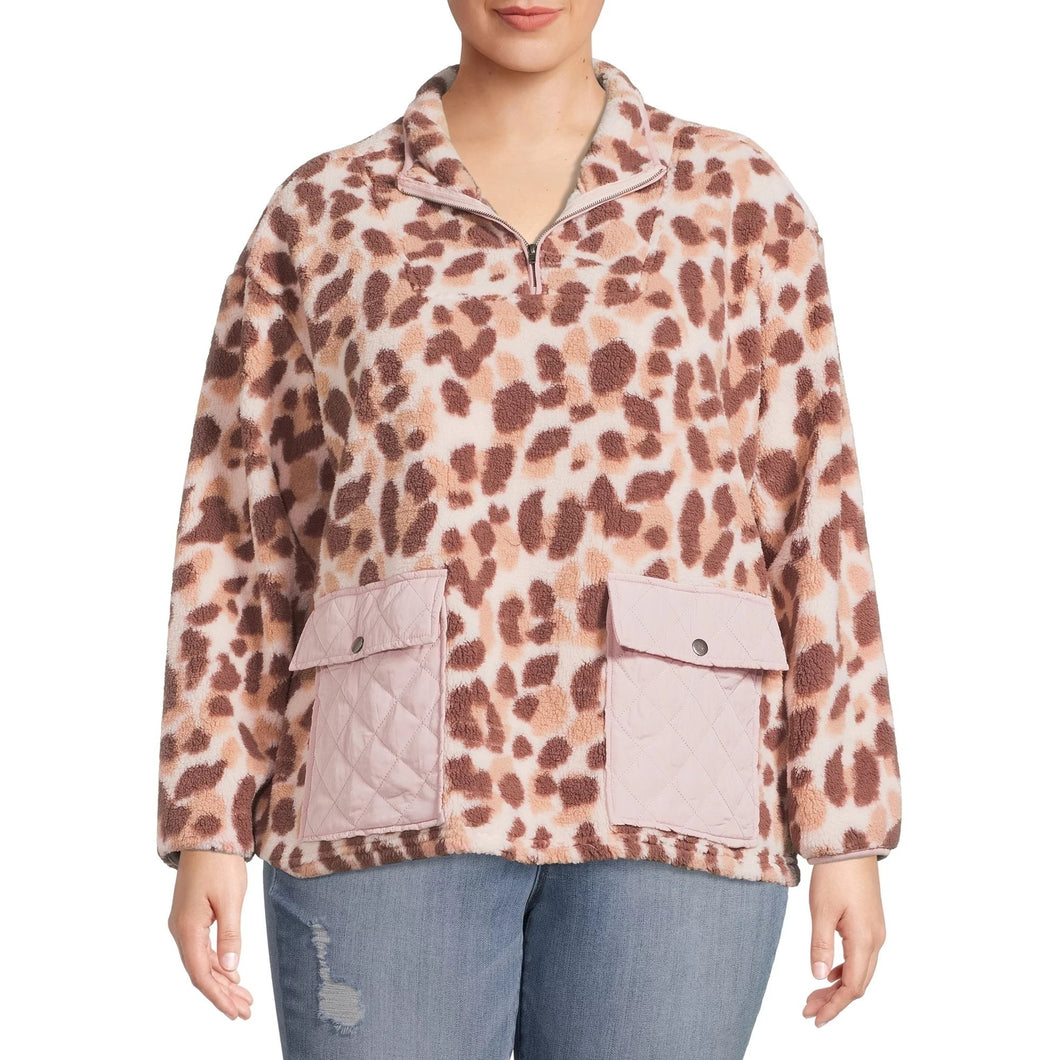 Como Vintage Half Zip Sherpa Athletic Sweater Leopard Print Brown Women's Large