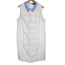Load image into Gallery viewer, Eloqui Embroidered Lace Front Sleeveless Shift White Dress Blue Collar Women 22
