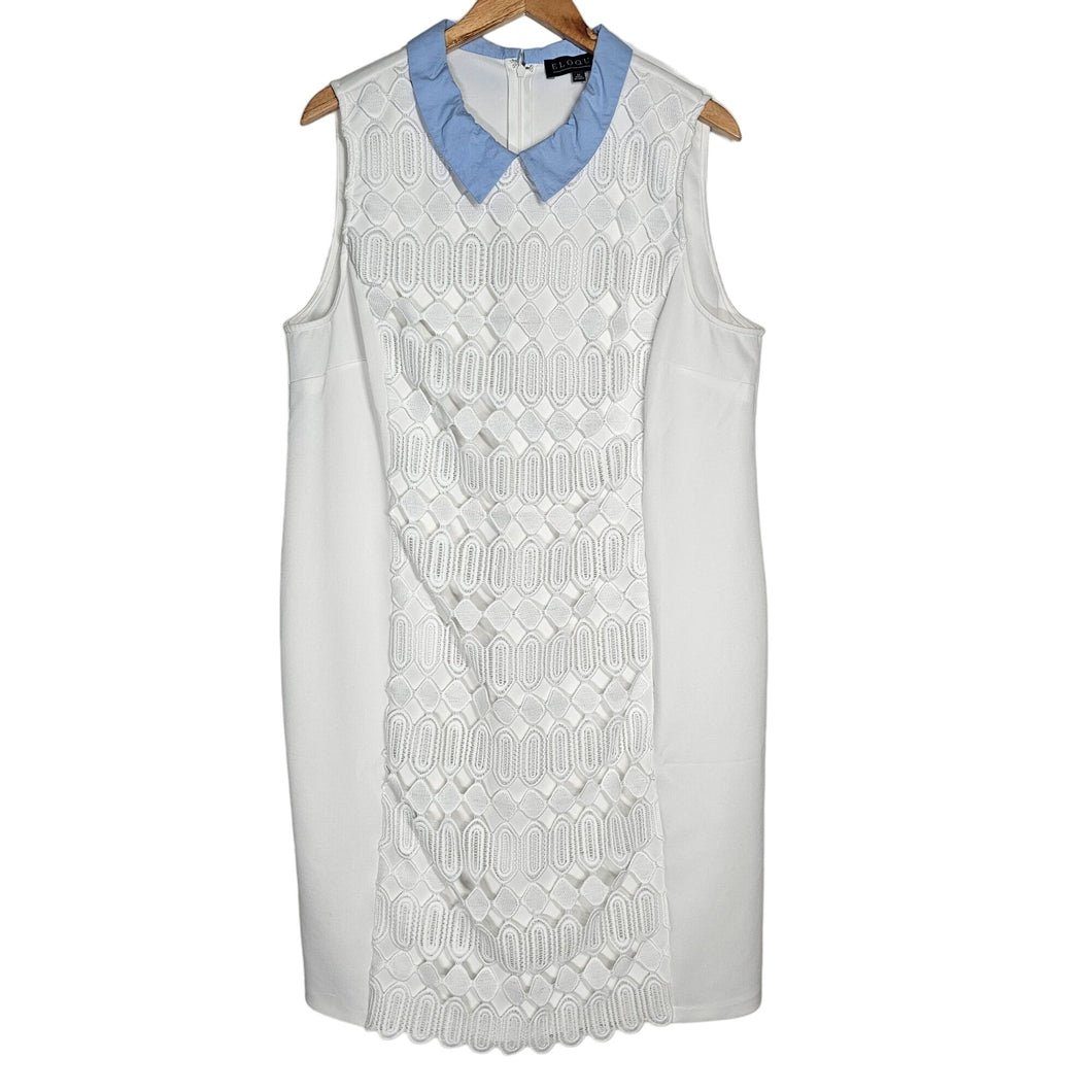 Eloqui Embroidered Lace Front Sleeveless Shift White Dress Blue Collar Women 22