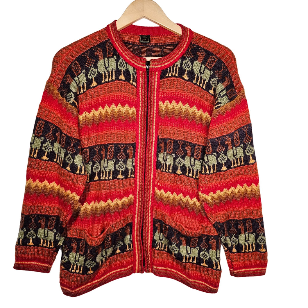 Vintage Peruvian Alpaca Knit Sweater Zip Up Red Orange Women's Medium