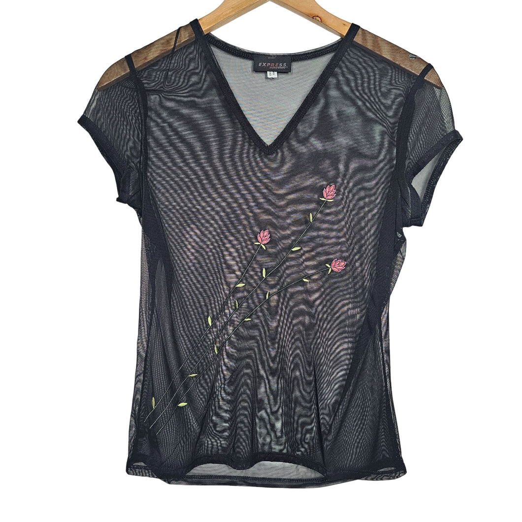 Vintage Express Black Mesh Embroidered V-Neck Top Women's Small