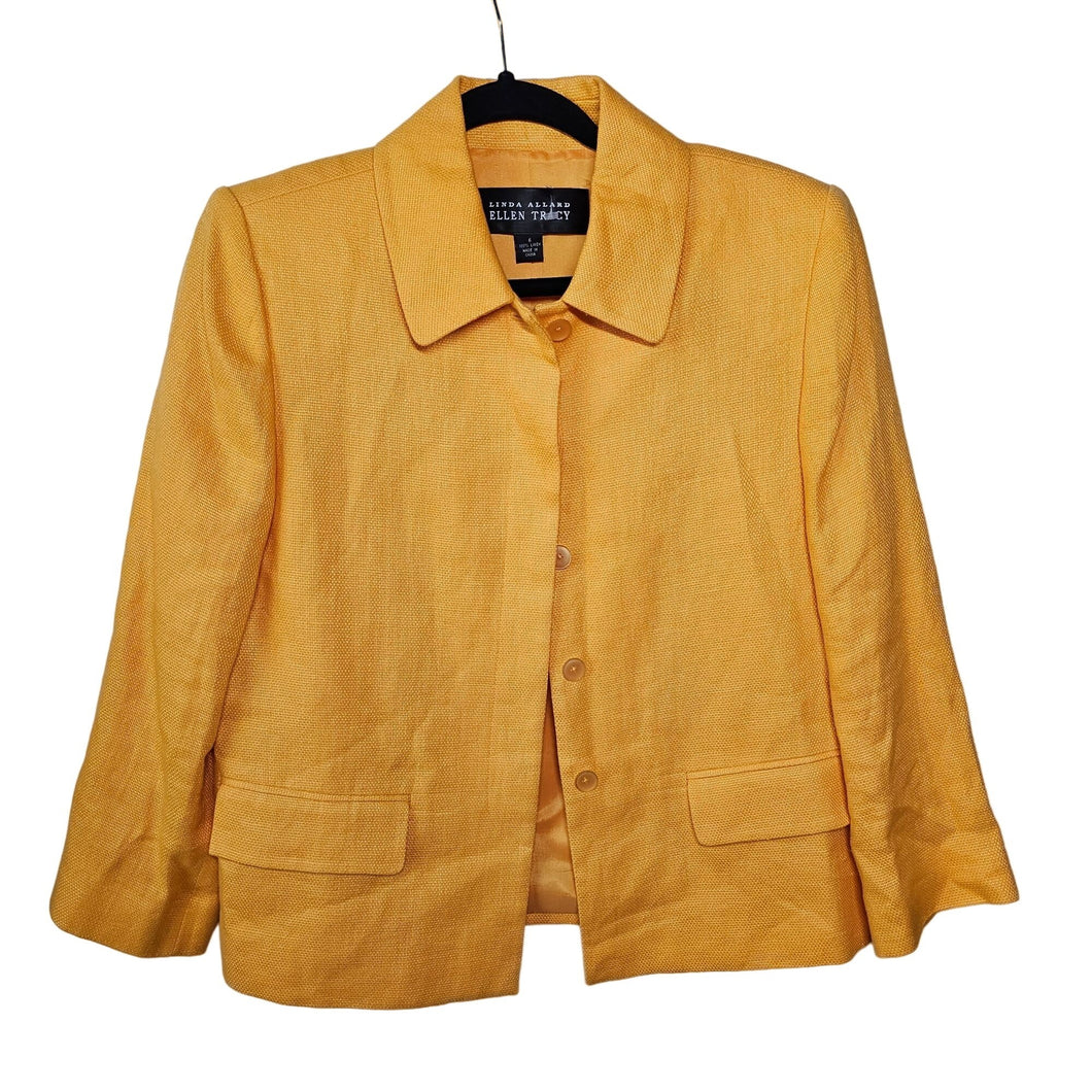 Vintage 100% Linen Blazer Jacket Yellow Linda Allard Ellen Tracy Women's 6