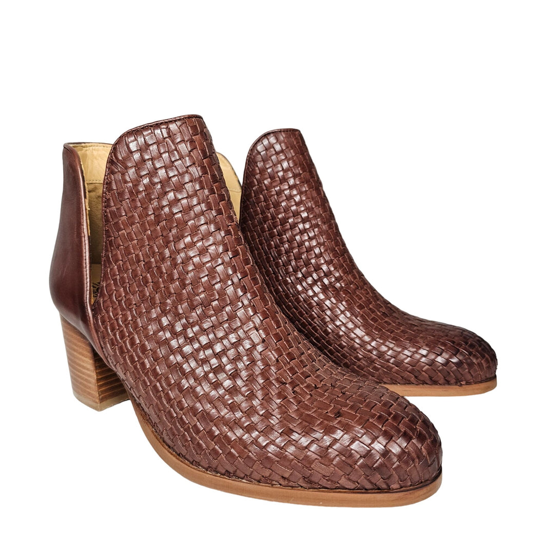 Vintage Foundry Woven Leather Block Heel Ankle Boots Brown Women's 8
