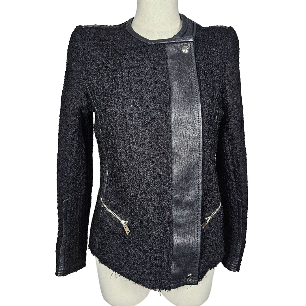 IRO Tweed and Leather Moto Jacket Blazer Zip Closure Black, Women's FR40/US8