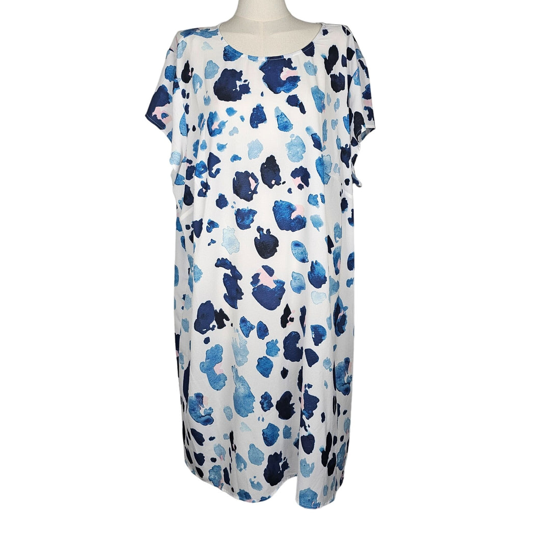 Eloquii Short Sleeve Watercolor Cheetah Print Shift Dress Blue White Women 22