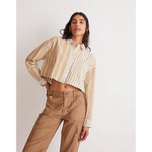 Load image into Gallery viewer, Madewell Modular Oversized Button-Up Shirt Tan Stripe Custom Cropped Women Small
