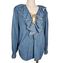 Load image into Gallery viewer, 1970&#39;s-1980&#39;s Vntg. Jonathan Martin Oversized Ruffle Neck Chambray Top Small
