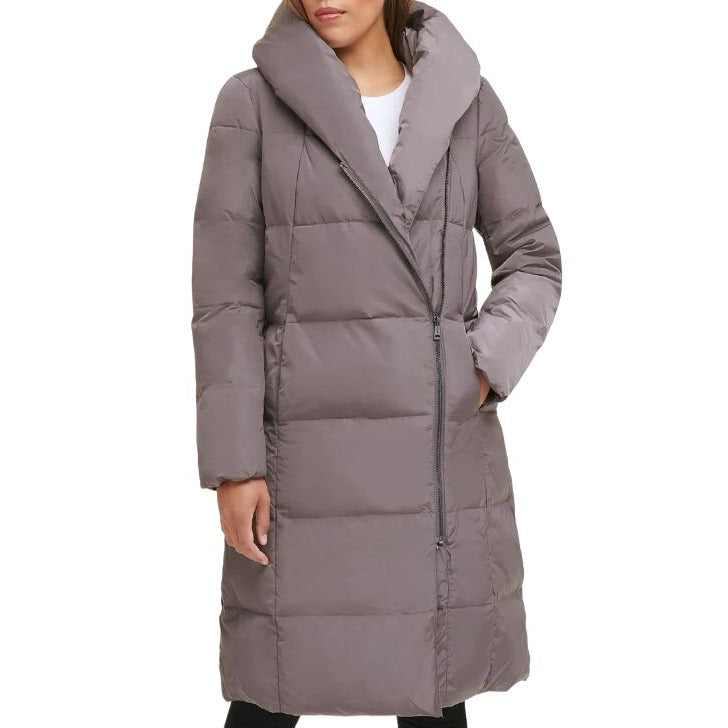 Cole Haan Down Puffer Asymmetrical Jacket Hood Gray Taupe Women's S