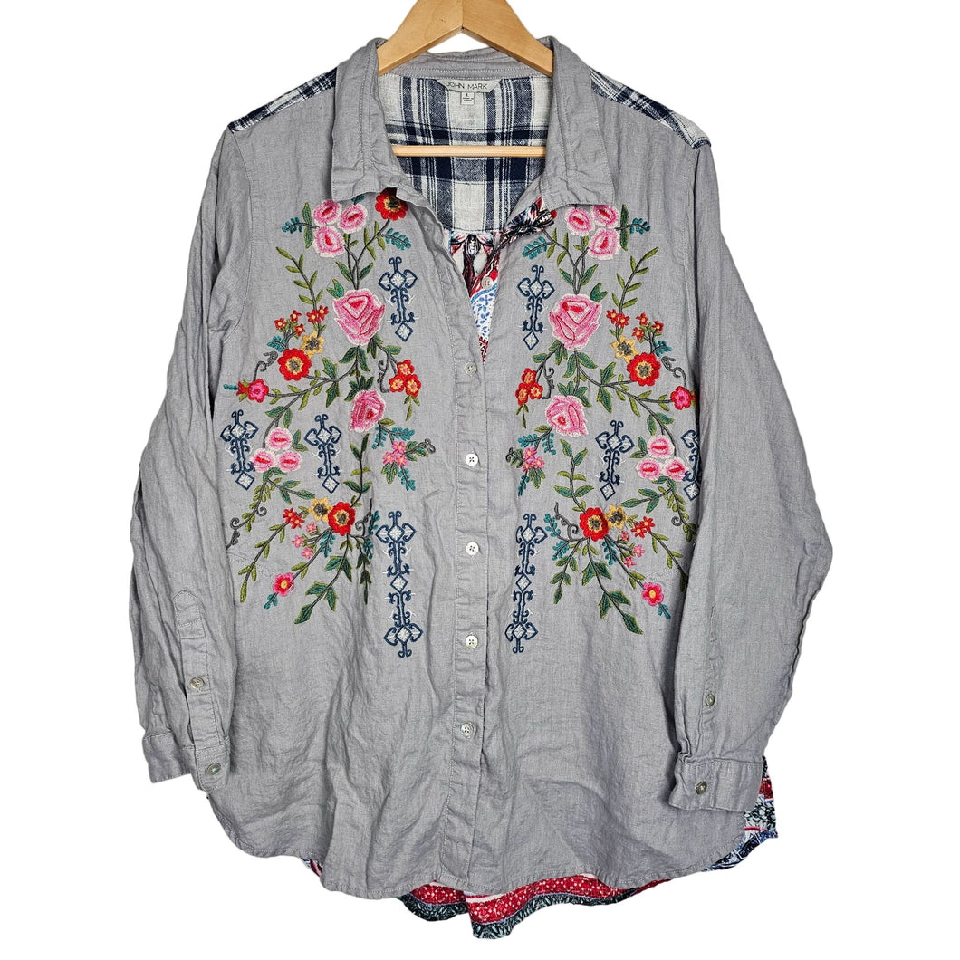 John Mark Embroidered Floral 100% Linen Button Down Shirt Pockets Women's L