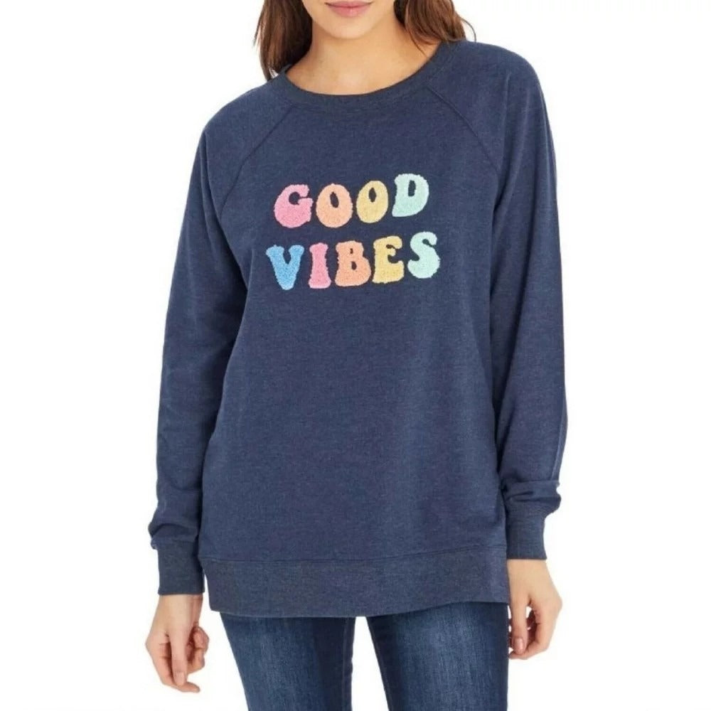 Wildfox Good Vibes Embroidered Comfy Pullover Sweatshirt Blue Women Size Small