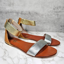 Load image into Gallery viewer, Yosi Samra Ankle Strap Flat Sandals Zip Back Silver Gold Women 6M
